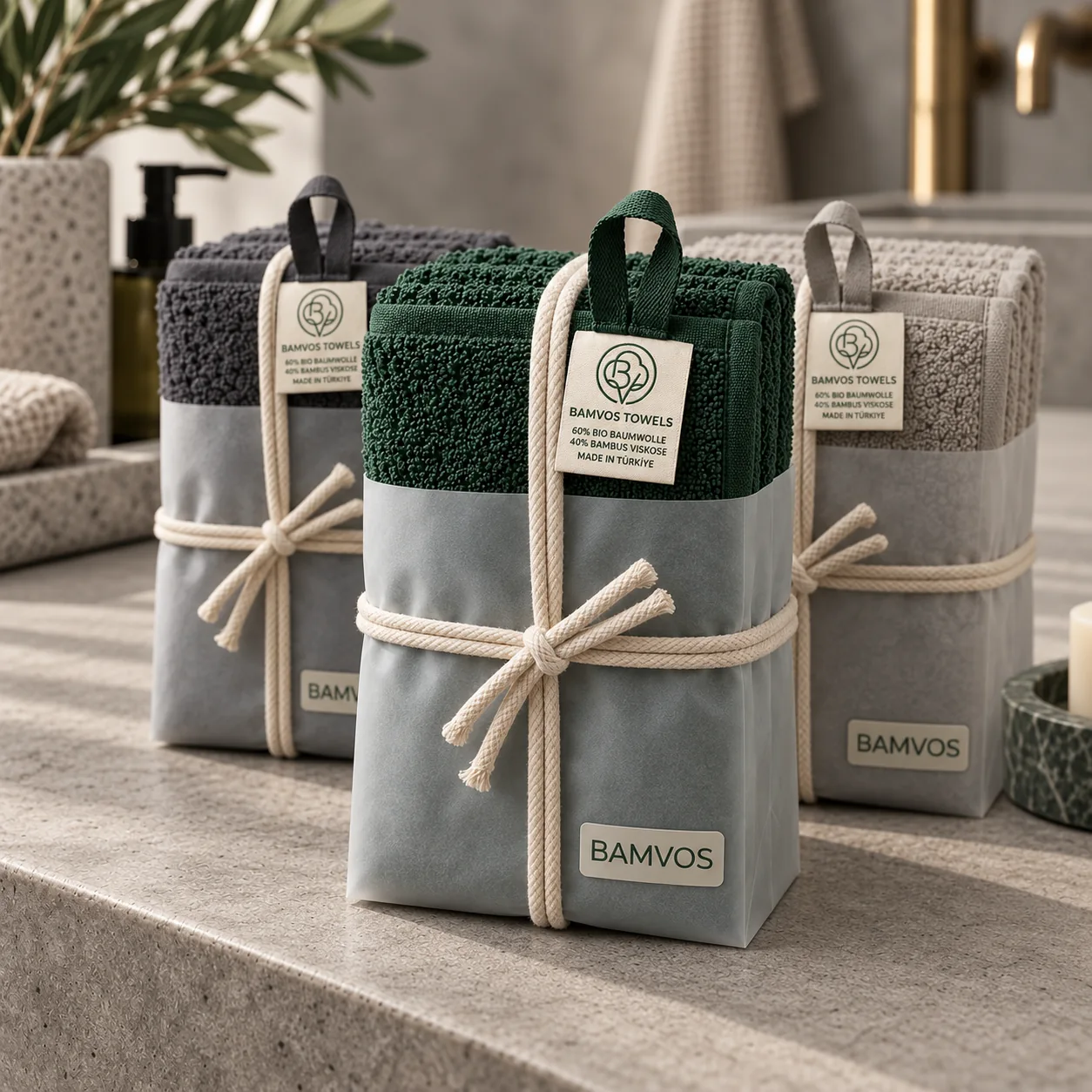 BAMVOS Badtextilien in Waldgrün, Anthrazit und Naturbeige